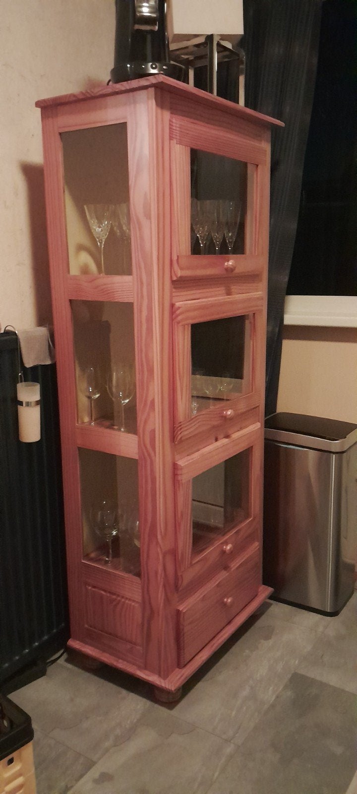 Houten vitrinekast met glazen deuren en lades, Ophalen, Gebruikt, Klassiek, Met lade(s)