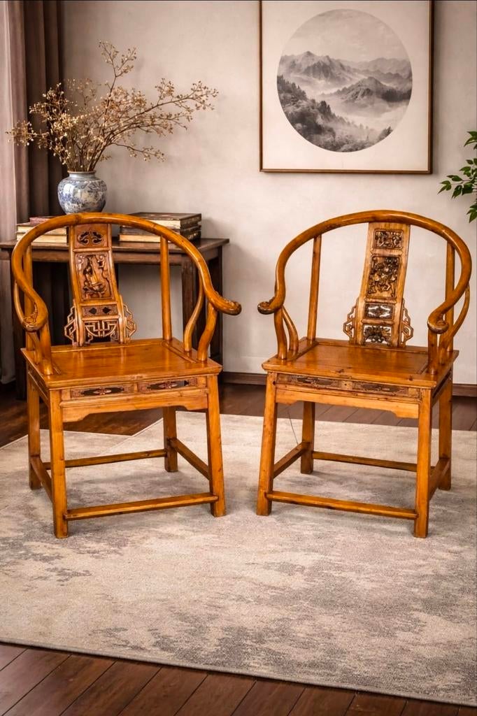 Set van 2 antieke Chinese hoefijzerstoelen,, Antiek en Kunst, Antiek | Meubels | Stoelen en Banken, Ophalen of Verzenden