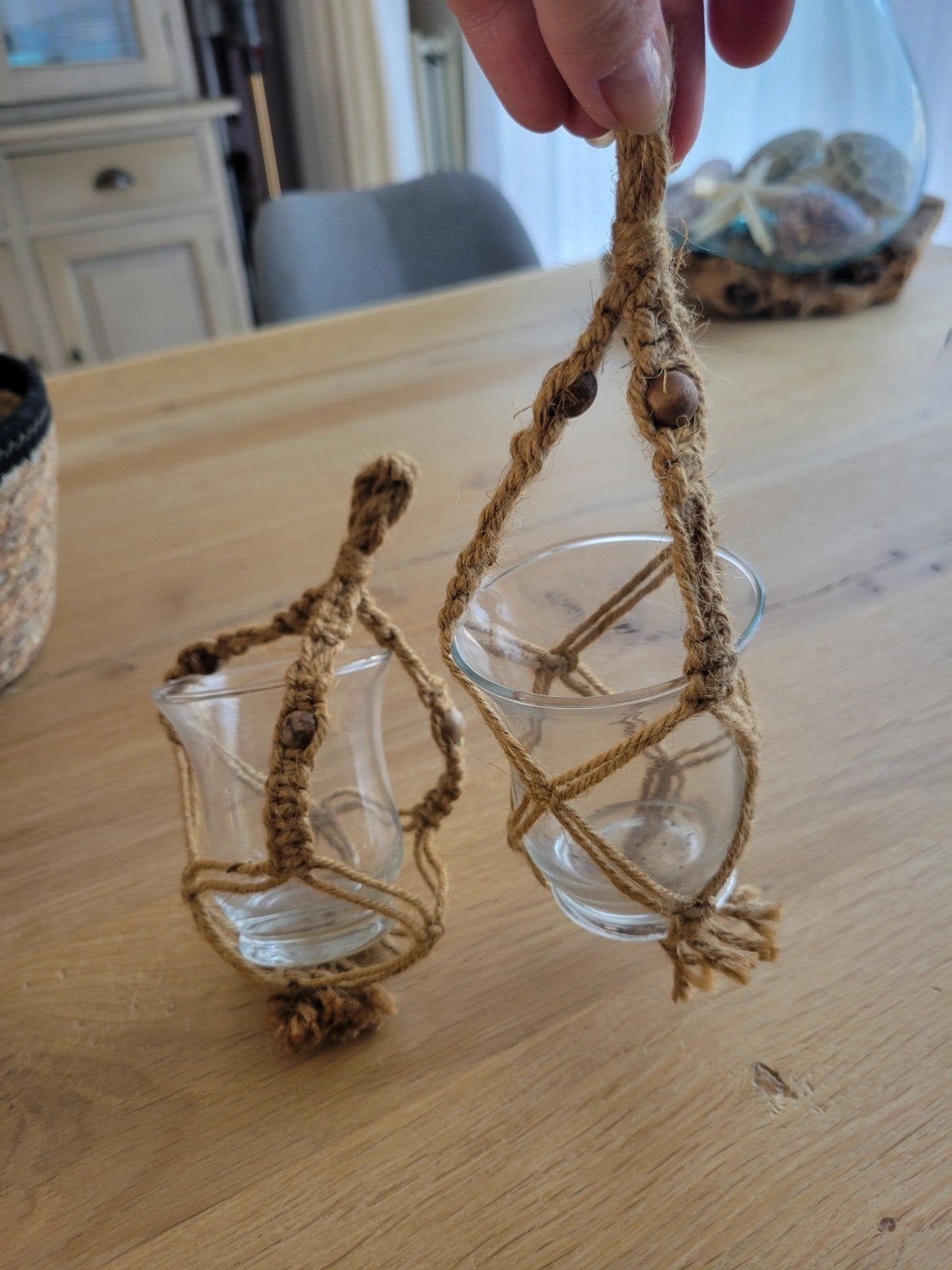 Set van 2 Macramé Waxinelichthouders, Boho, Ophalen of Verzenden, Zo goed als nieuw, Natuurlijk materiaal