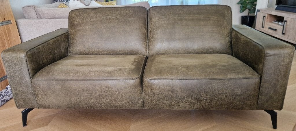 2,5-zitsbank met hocker | eco-leer | Oklahoma Olive, Ophalen, 150 tot 200 cm, Tweepersoons, Zo goed als nieuw