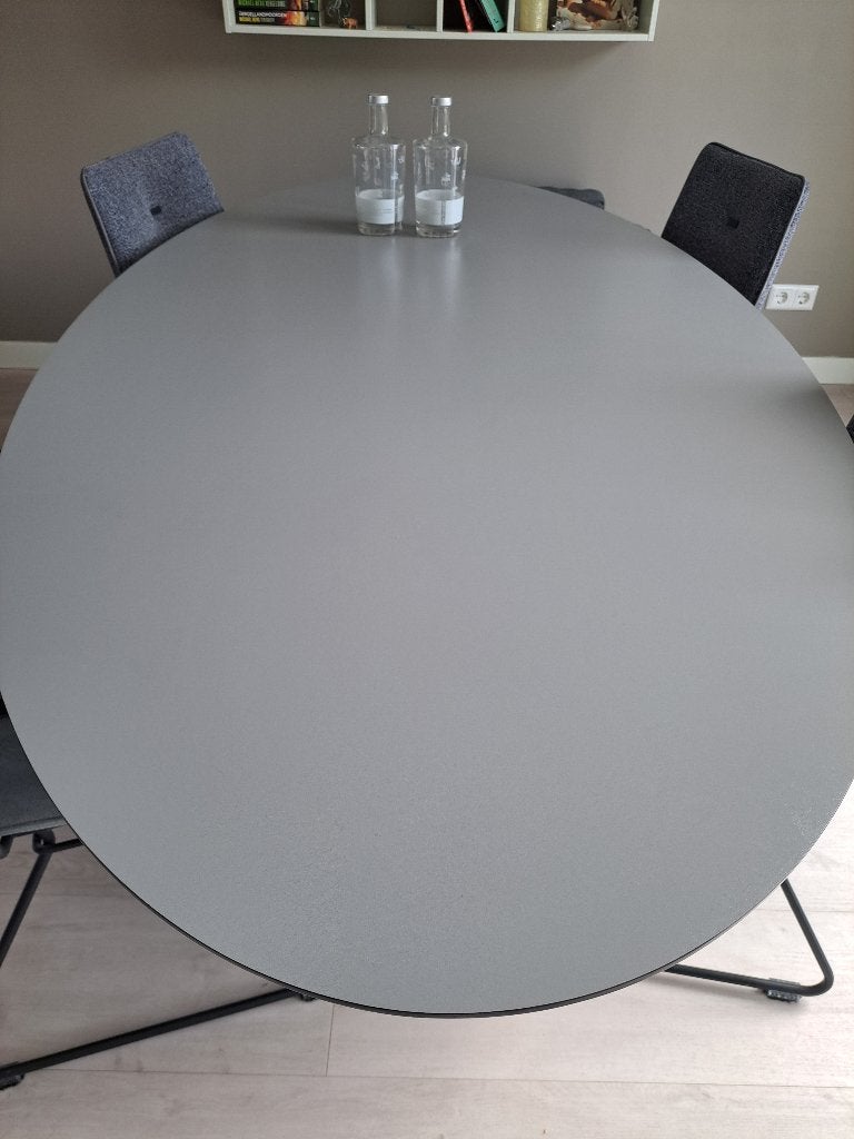 Tafelblad grijs, ovaal, Huis en Inrichting, Ophalen, Kunststof, Gebruikt, 200 cm of meer