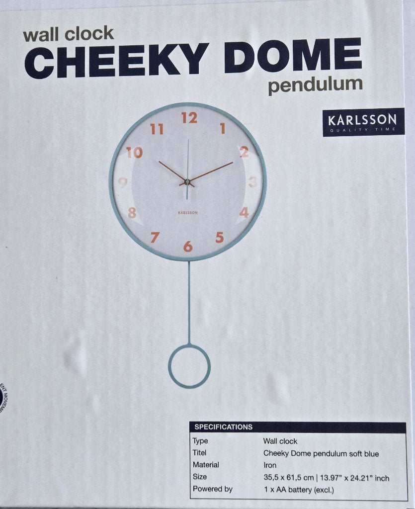 Karlsson Wandklok Cheeky Dome - Zachtblauw - 7.1x35.5x61.5cm, Ophalen, Wandklok, Analoog, Zo goed als nieuw