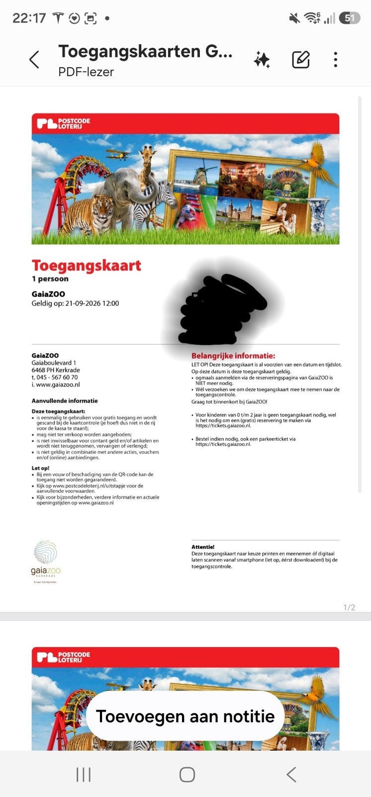 2 tickets voor Gaia zoo voor 21 september, Twee personen, Ticket of Toegangskaart