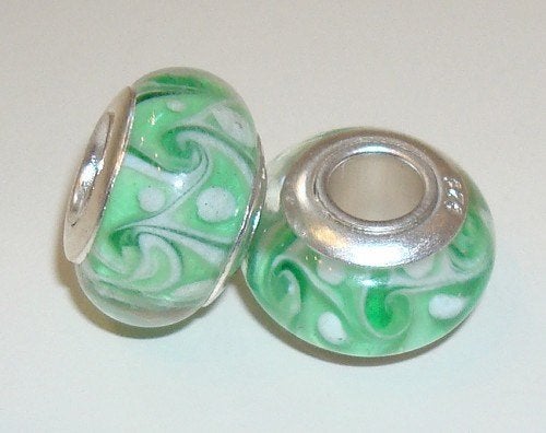 925 Sterling zilveren glasbedel Lichtgroen fantasie, Want 18 Hoogvliet, Adorabeads, Glas of Kristal, Nieuw
