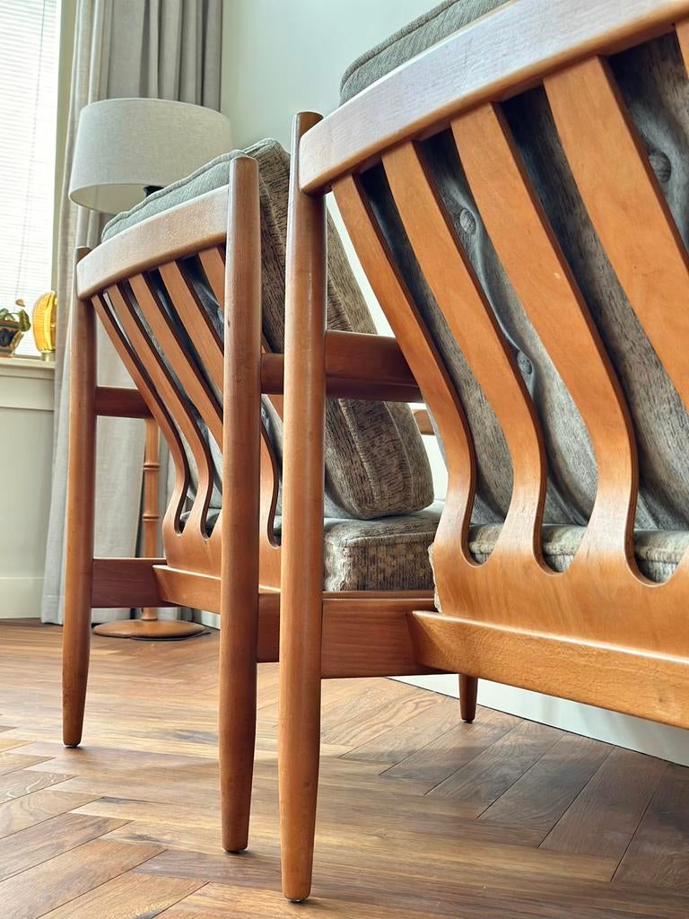 2 Vintage fauteuils Deens design hout stof jaren 50/60/70, Ophalen, Gebruikt, Vintage, 75 tot 100 cm