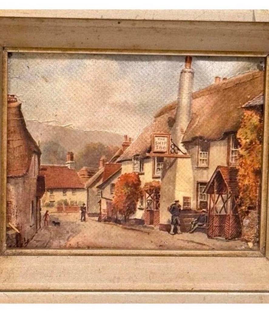 Klein schilderij of litho "The Ship Inn" Porlock, Engeland, Antiek en Kunst, Kunst | Schilderijen | Klassiek, Ophalen of Verzenden