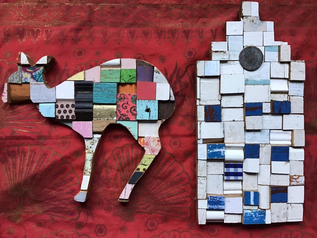 Hert & Grachtenpand gerecycled hout Bloc ART, Huis en Inrichting, Gebruikt, Hout, Meerkleurig, Decoratieobject
