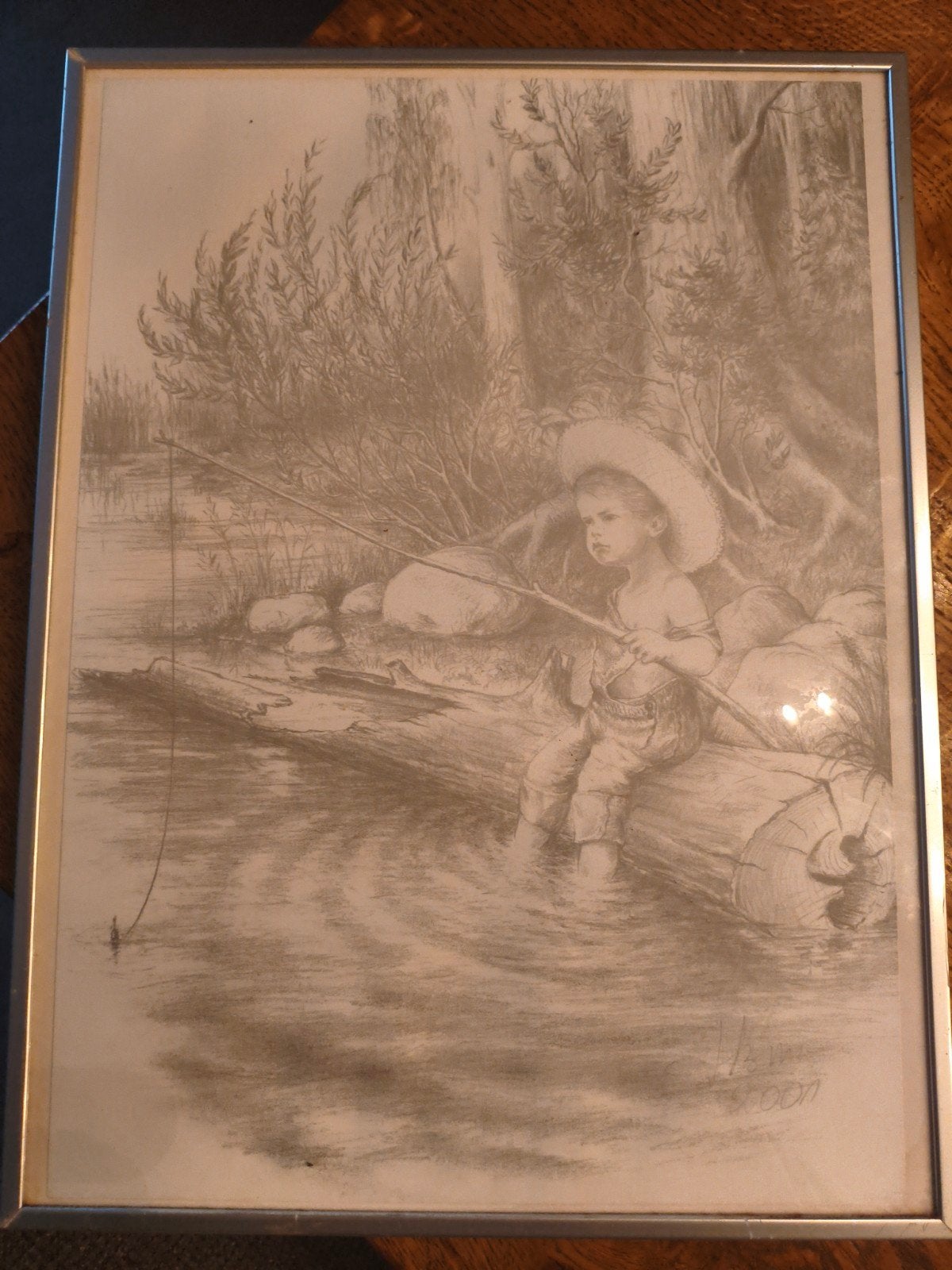 2 Potloodtekeningen: Vissend jongetje & Huisje aan water, Ophalen of Verzenden, Tekening, Potloodtekening, Gesigneerd