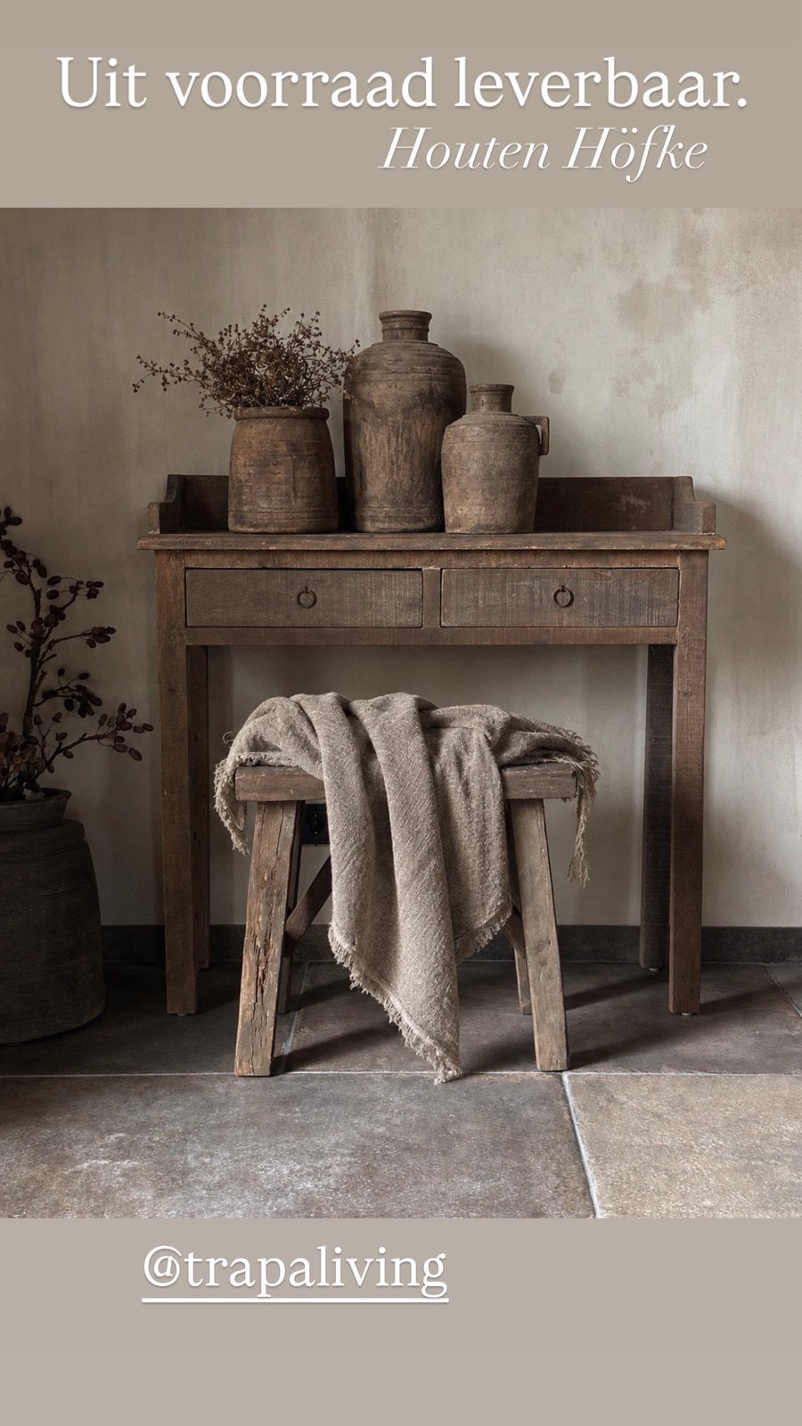 Smalle hoge sidetable Driftwood, oud hout, Ophalen, Zo goed als nieuw, 25 tot 50 cm, Rechthoekig