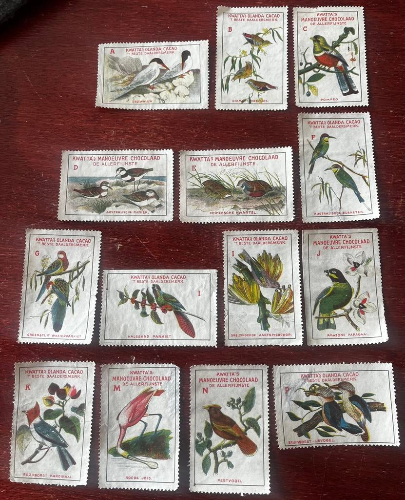 14 sluitzegels litho’s vogels Kwatta chocolade Breda, Ophalen of Verzenden