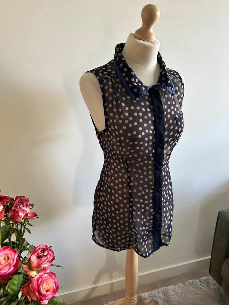 King Louie maat L blauwe top blouse stippen 3227, Blauw, Maat 42/44 (L), Ophalen of Verzenden, Zo goed als nieuw