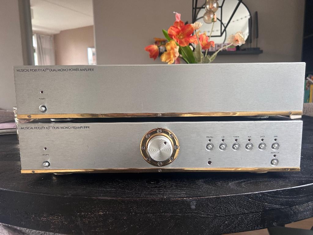 Musical Fidelity A3CR Dual Mono Pre/Power Set, Gebruikt, 120 watt of meer, Stereo, Ophalen