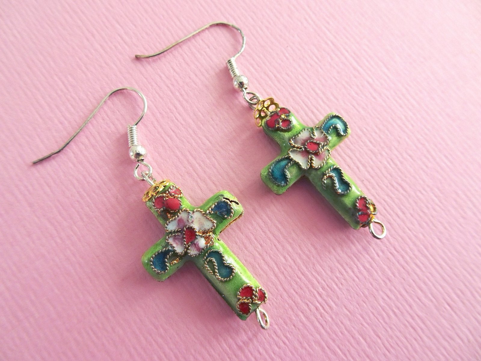 jwg Vintage 90s groen emaille kruis kruisje bloem oorbellen, Verzenden, Overige materialen, Oorbellen