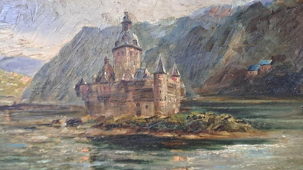 Antiek olieverfschilderij kasteel aan het water, Ophalen of Verzenden