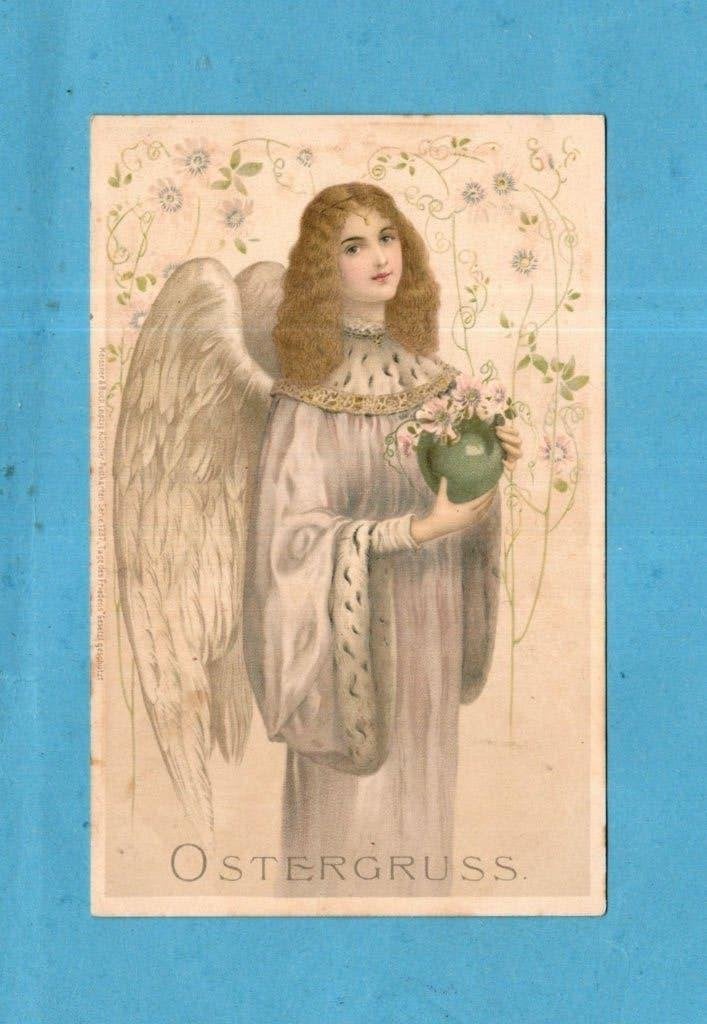 Oude Paaskaart 'Ostergruss' met Engel en Bloemen W504, Verzamelen, Ophalen of Verzenden, Voor 1920, Ongelopen, Feest(dag)