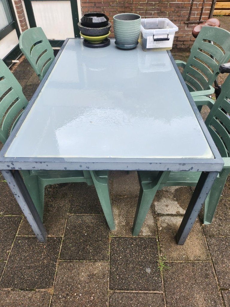 Tuintafel + 4 stoelen, Tuin en Terras, Tuintafels, Ophalen, Gebruikt, Rechthoekig, Overige materialen