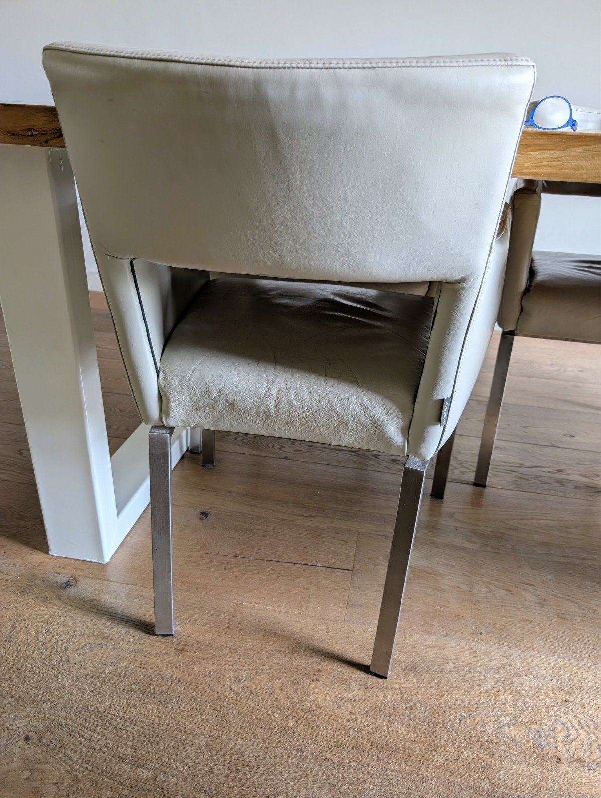 6 elegante crème leren eetkamerstoelen Foucault, Ophalen, Gebruikt, Overige kleuren, Leer