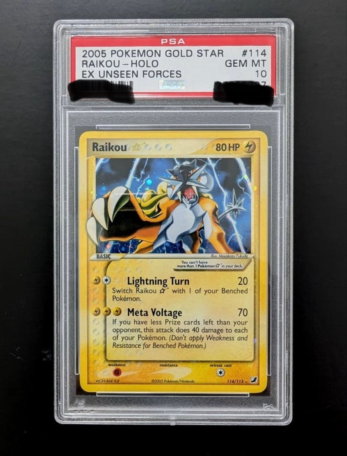 PSA 10 Raikou Gold Star Holo 2005 Pokémon EX Unseen Forces, Ophalen of Verzenden, Nieuw, Losse kaart, Foil