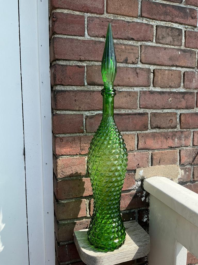 Hoge, slanke, glazen Empoli fles / karaf met diamant patroon, Antiek en Kunst, Antiek | Glas en Kristal, Ophalen of Verzenden