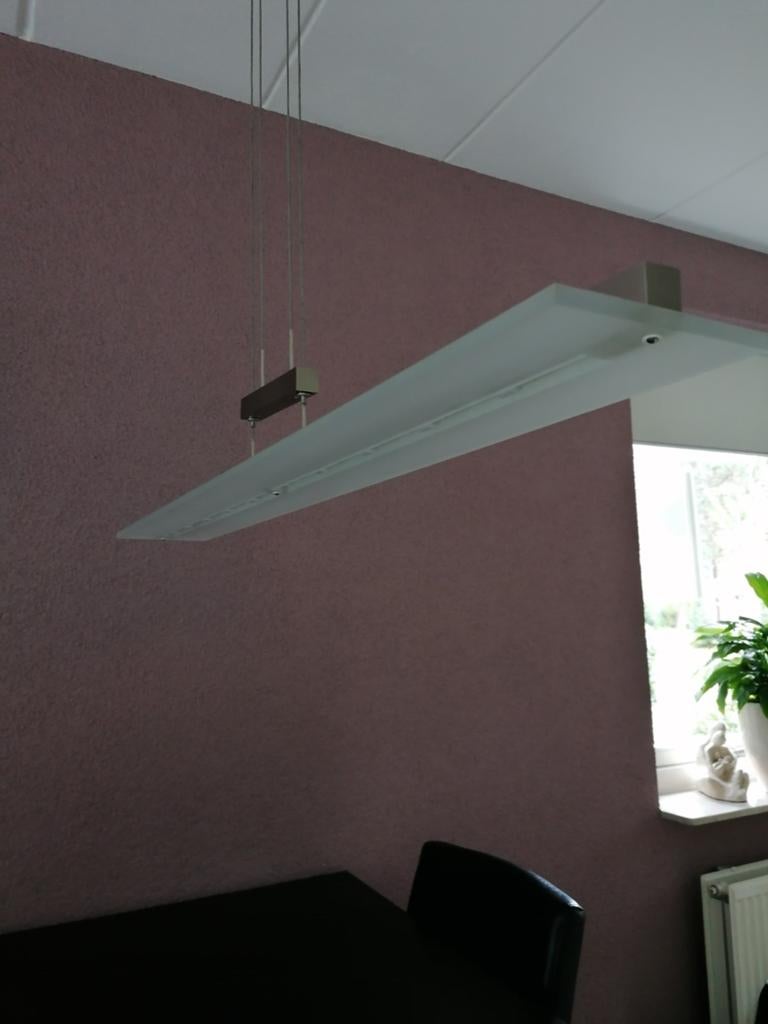 Hanglamp mat glas/RVS, dimbaar, in hoogte verstelbaar, Modern, Strak, Ophalen of Verzenden, Zo goed als nieuw, Glas