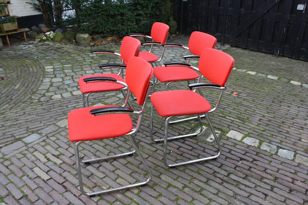 Vijf mooie industriële vintage stoelen met armleuning, Ophalen, Gebruikt, Stof, Gispen