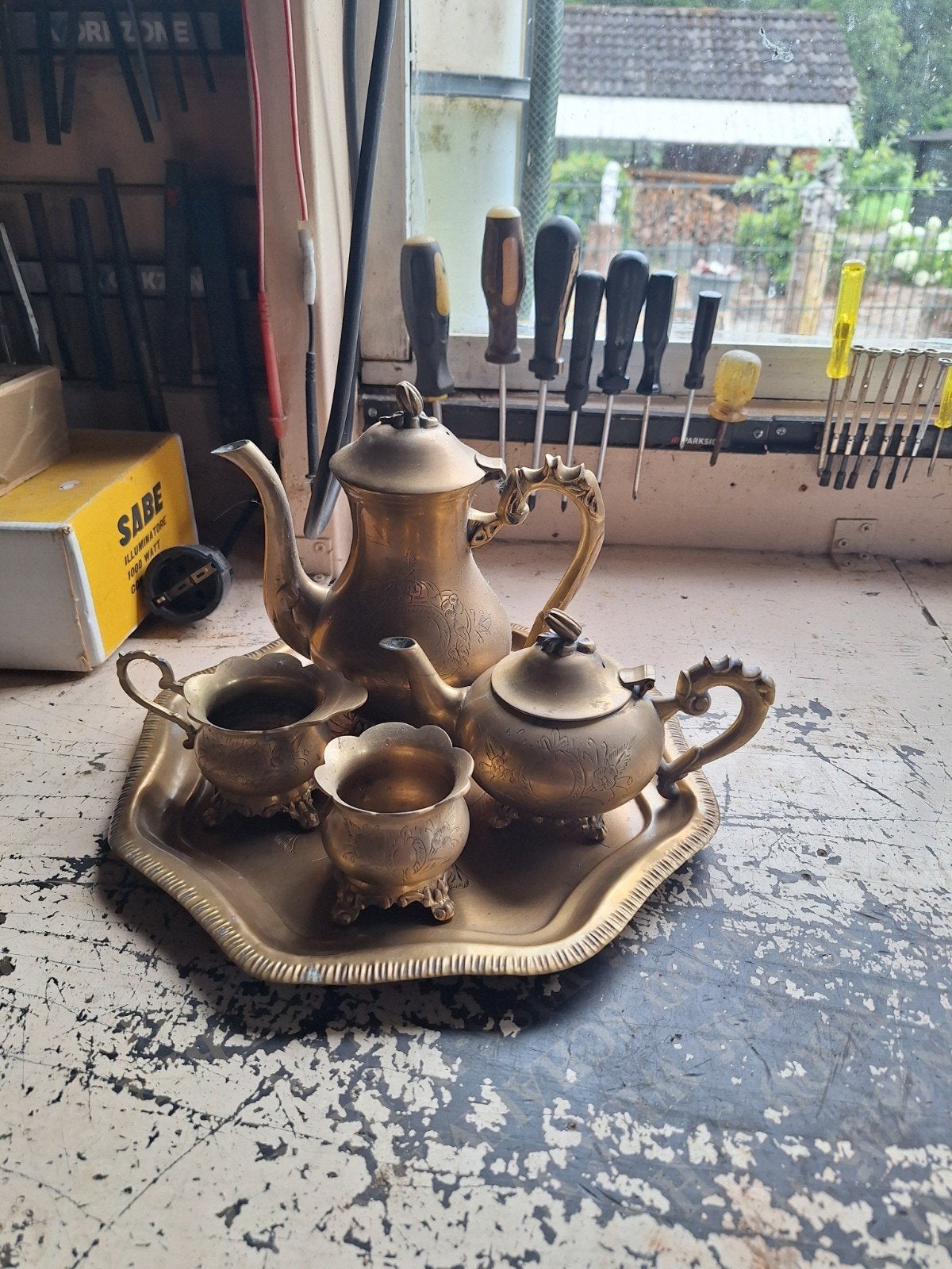 Ouderwets koperen servies en vazen set, Ophalen of Verzenden
