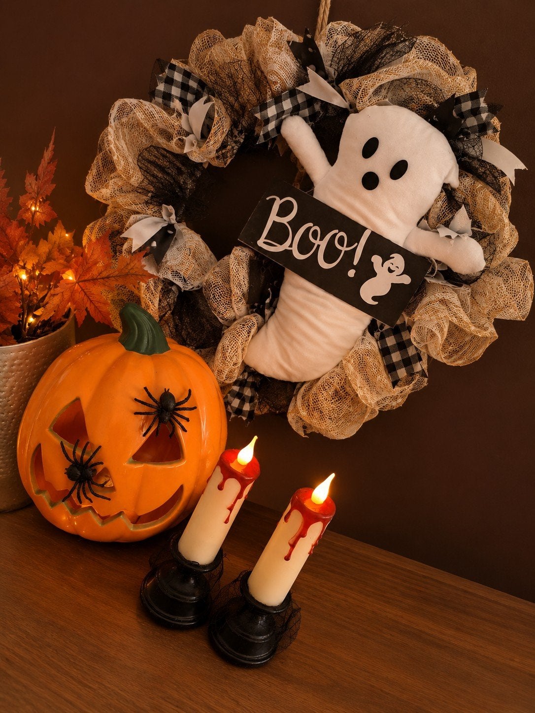 Halloween decoratieset: pompoen, kaarsen en spookkrans, Overige stijlen, Kunststof, Ophalen of Verzenden, Zo goed als nieuw