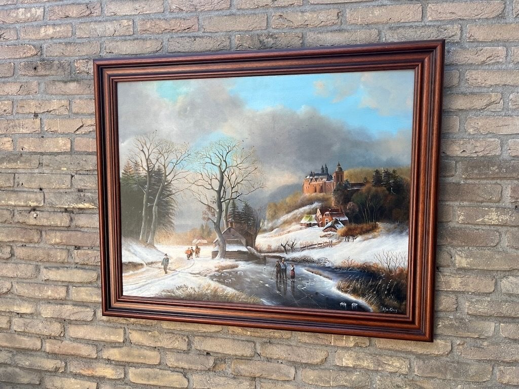 Prachtig Klassiek Schilderij Wintertafereel zeer groot, Ophalen, Paneel, Landschap, Olieverf