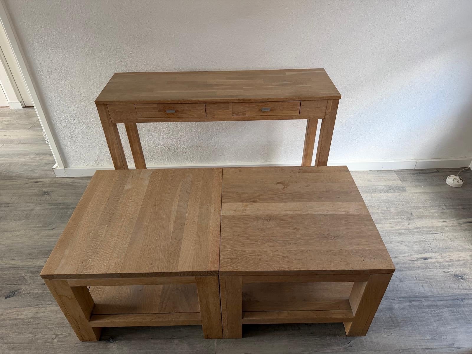 Eikenhouten salontafels en sidetable set, Ophalen, 50 – 75, Gebruikt, 100 tot 150 cm