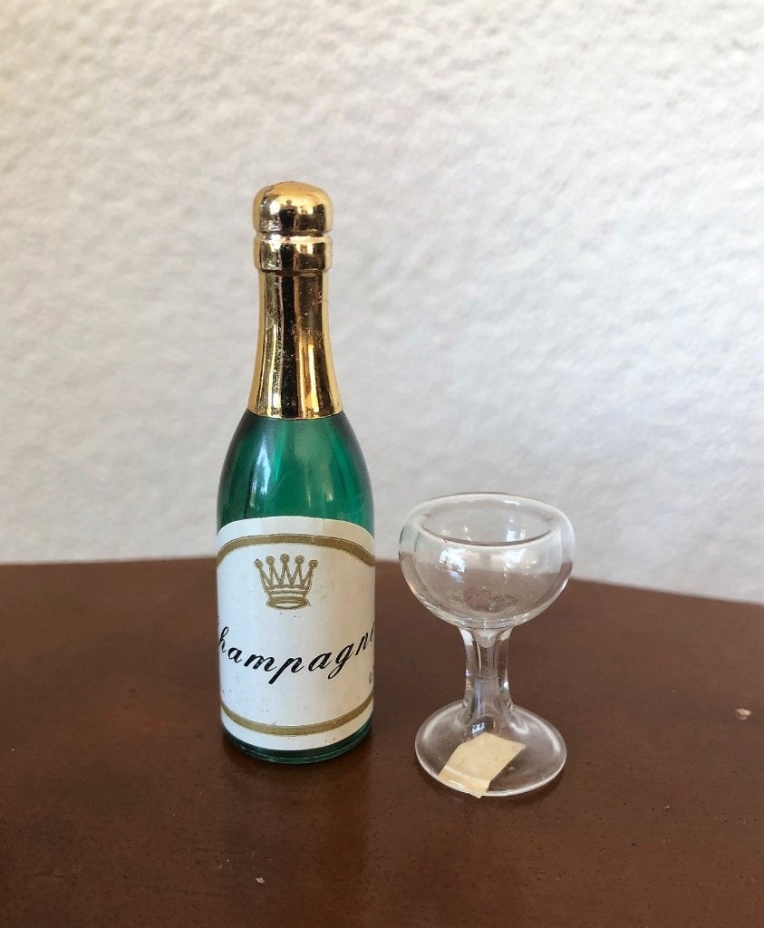Miniatuur Champagne Fles met Glas Kunststof 5,5 cm, Ophalen of Verzenden