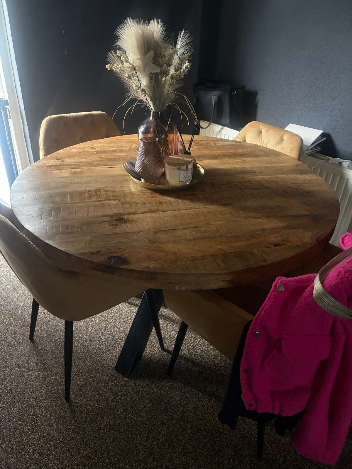 Ronde eettafel met spinpoot - mangohout, Huis en Inrichting, Tafels | Eettafels, Ophalen, Gebruikt, 100 tot 150 cm, Rond