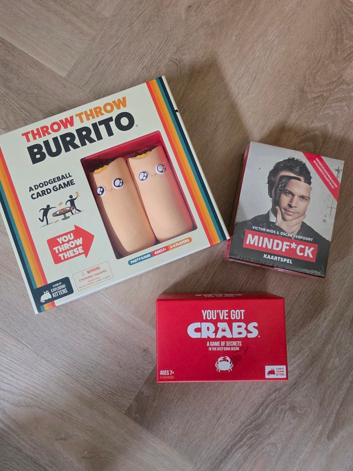Throw Throw Burrito, You've Got Crabs & Mindf*ck kaartspel, Drie of vier spelers, Ophalen, Zo goed als nieuw