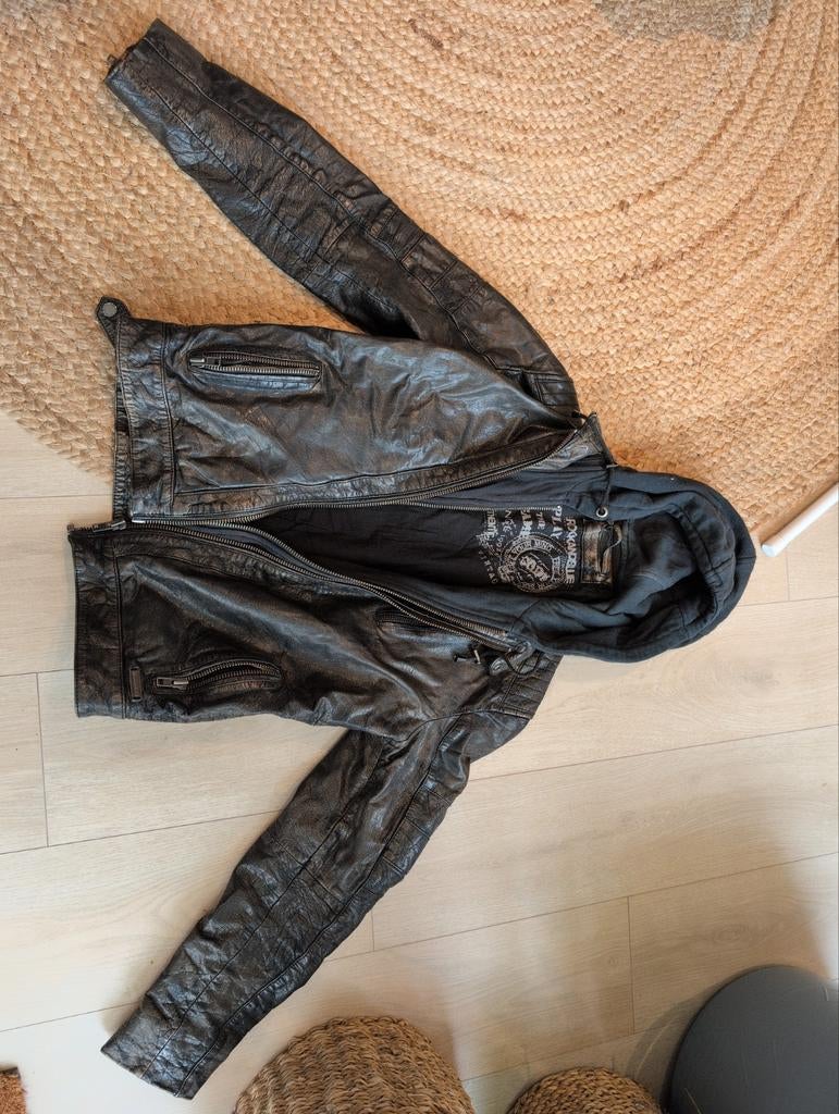 Echte leren jas maat S met afritsbare capuchon, Kleding | Heren, Jassen | Winter, Ophalen of Verzenden, Gedragen, Zwart