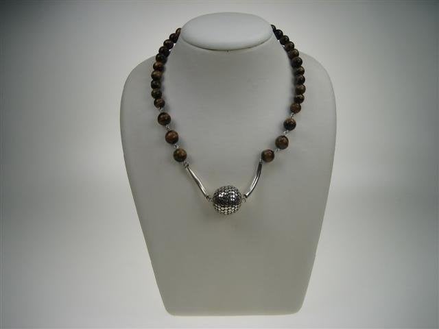 Tijgeroog oud collier met zilveren ronde bal, Verzenden, Zilver, Ketting, Met edelsteen