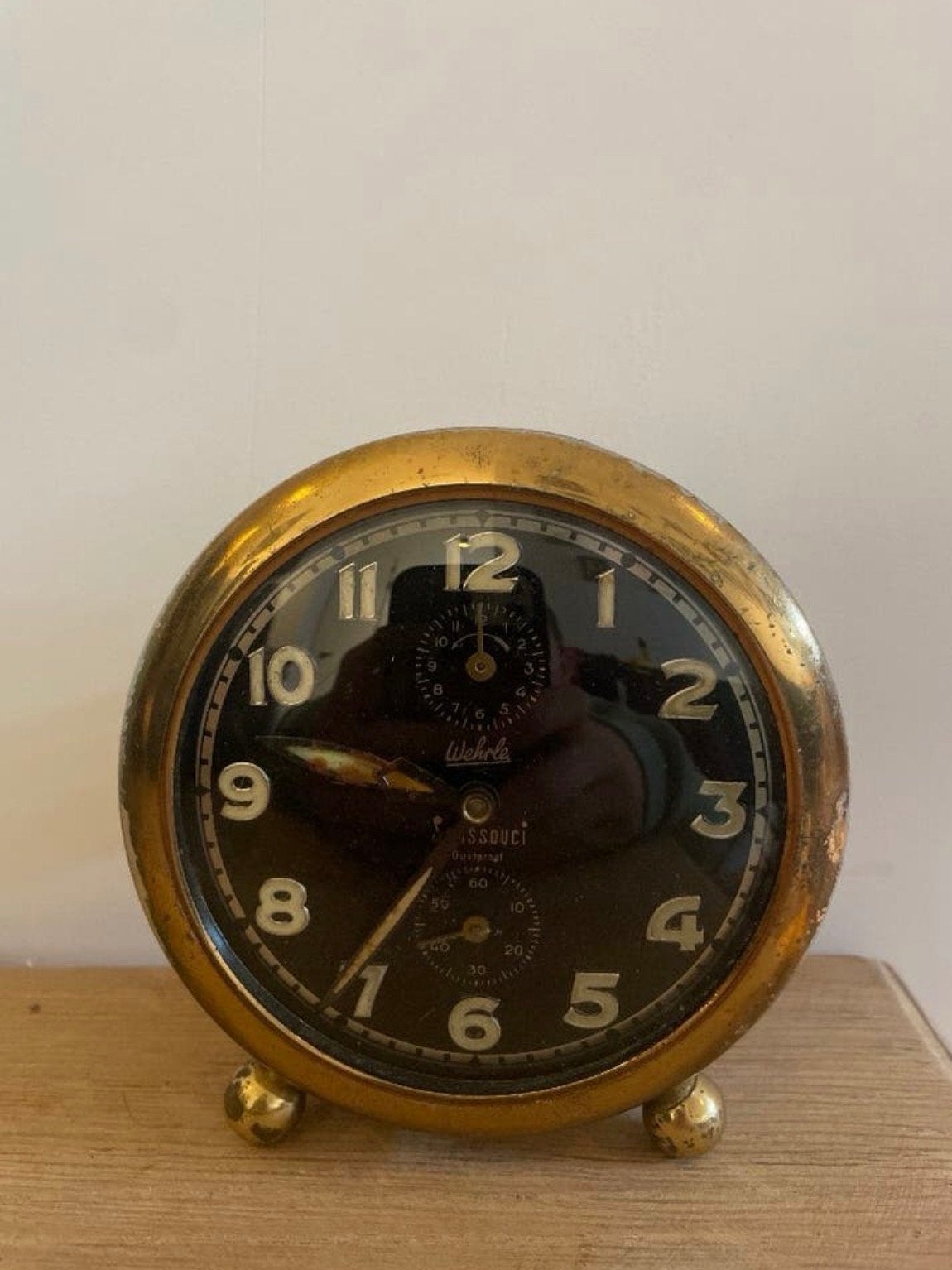 Vintage Wehrle Reiswekker - Goudkleurig met Zwarte Wijzerpla, Ophalen