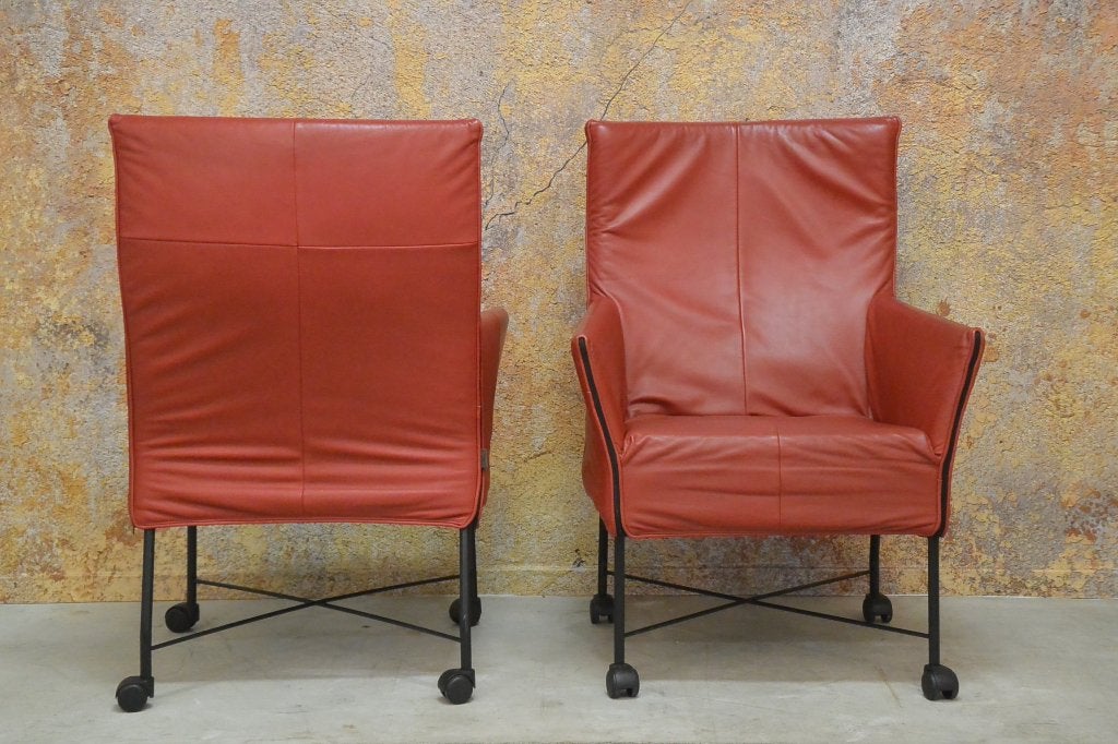 IZGS 2 rode leren Montis Charly design fauteuils verrijdbaar, Gebruikt, Montis, Montis, 75 tot 100 cm