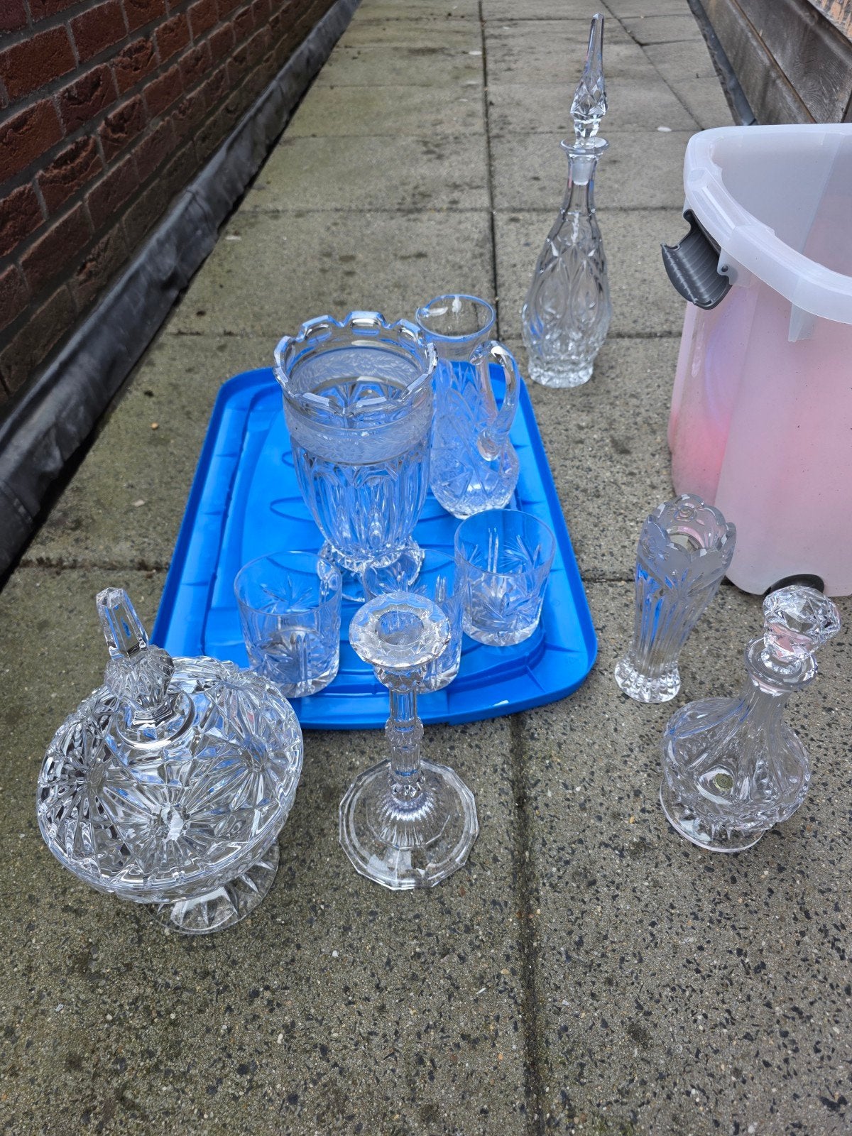 Antieke kristallen set – kandelaars, karaf, schaaltjes., Ophalen