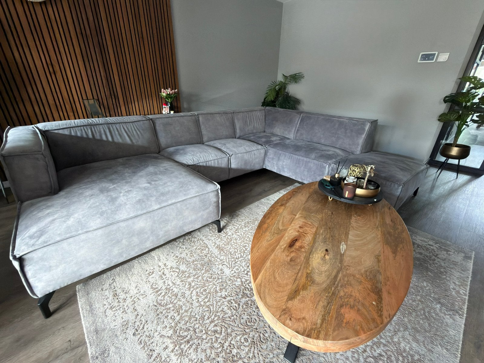 Grijze u - hoekbank met chaise longue, Ophalen, Gebruikt, Minder dan 75 cm, Hoekbank