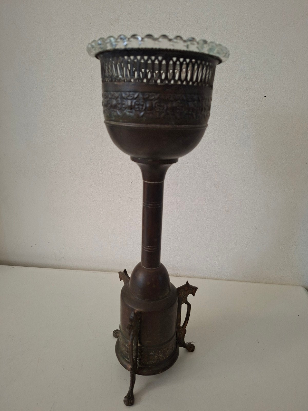 Antieke Koperen/Bronzen Cassolette kelk met glazen rand, Antiek en Kunst, Ophalen of Verzenden