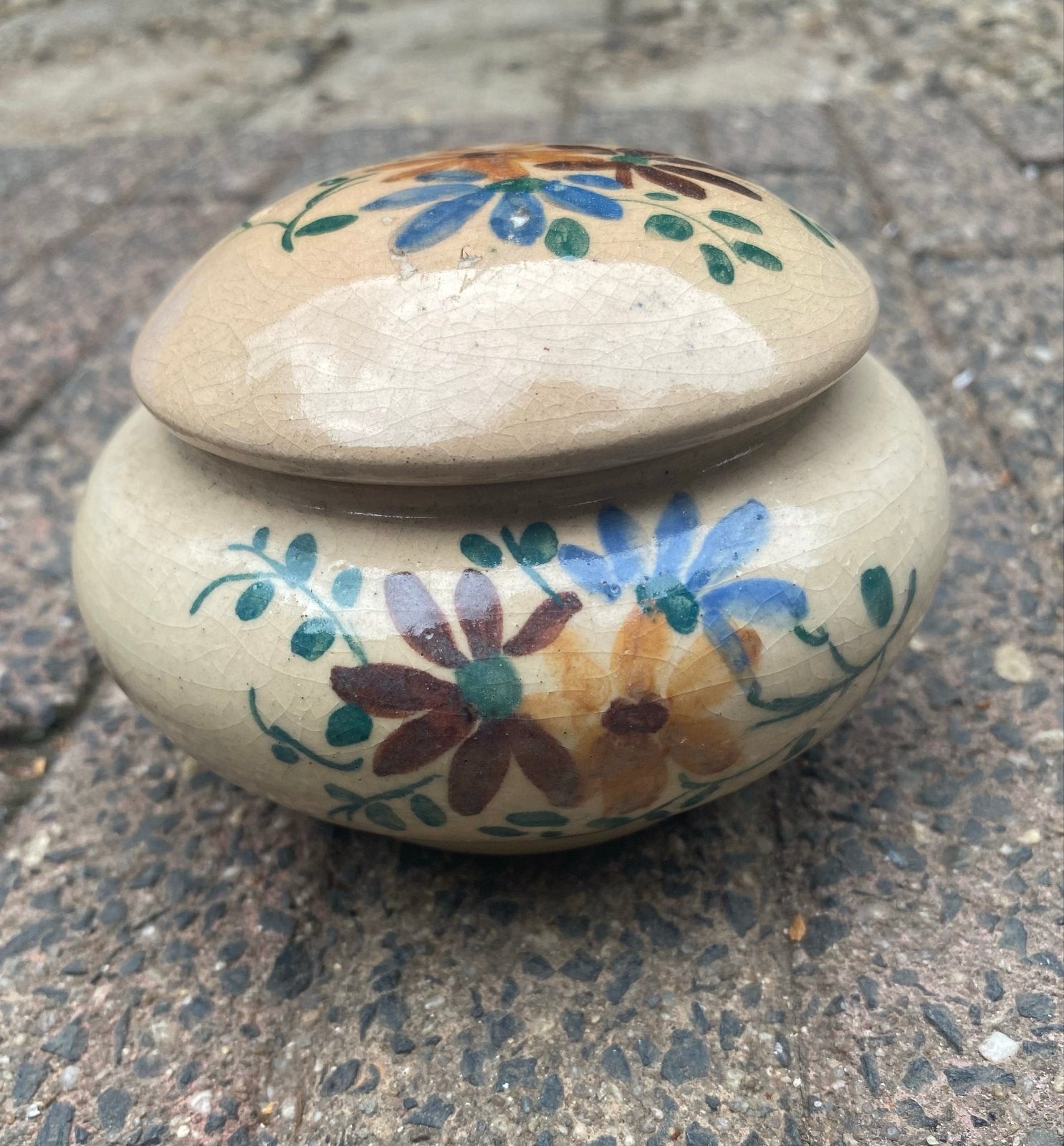 Vintage aardewerk potje met bloemmotief, Ophalen