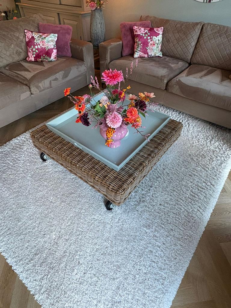 Rotan salontafel op wielen met dienblad, Huis en Inrichting, Tafels | Salontafels, Ophalen, Overige materialen, Gebruikt, Vierkant