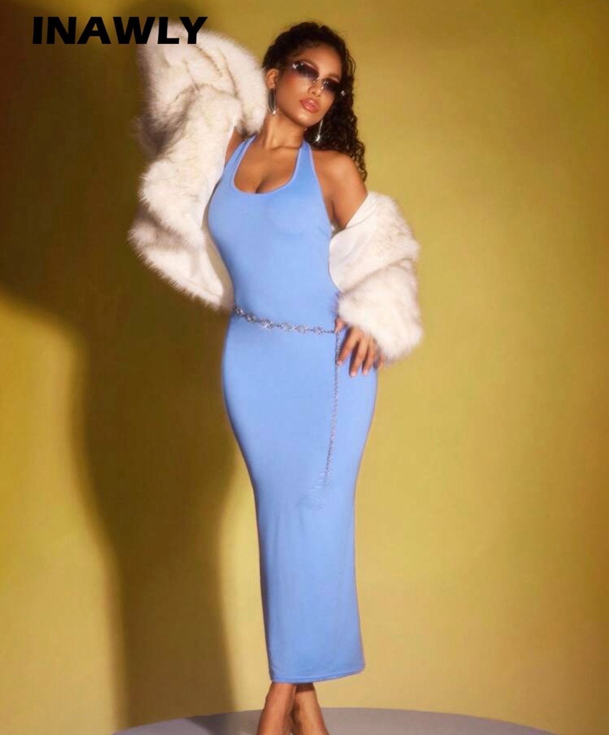 Elegante Lichtblauwe Halter Maxi Jurk, Blauw, Zo goed als nieuw, Onder de knie, Ophalen