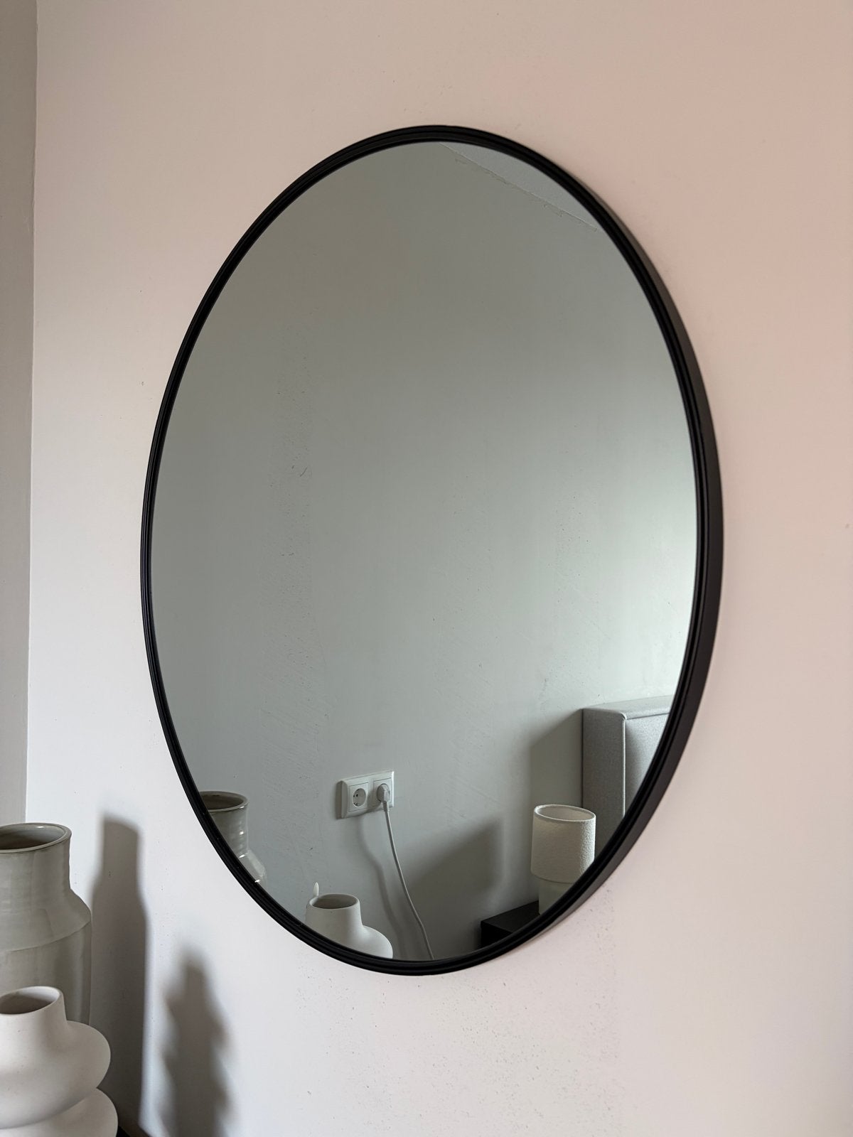 Ronde spiegel - ø80 cm - zwarte metalen lijst, Ophalen, Rond, Nieuw, 75 tot 100 cm