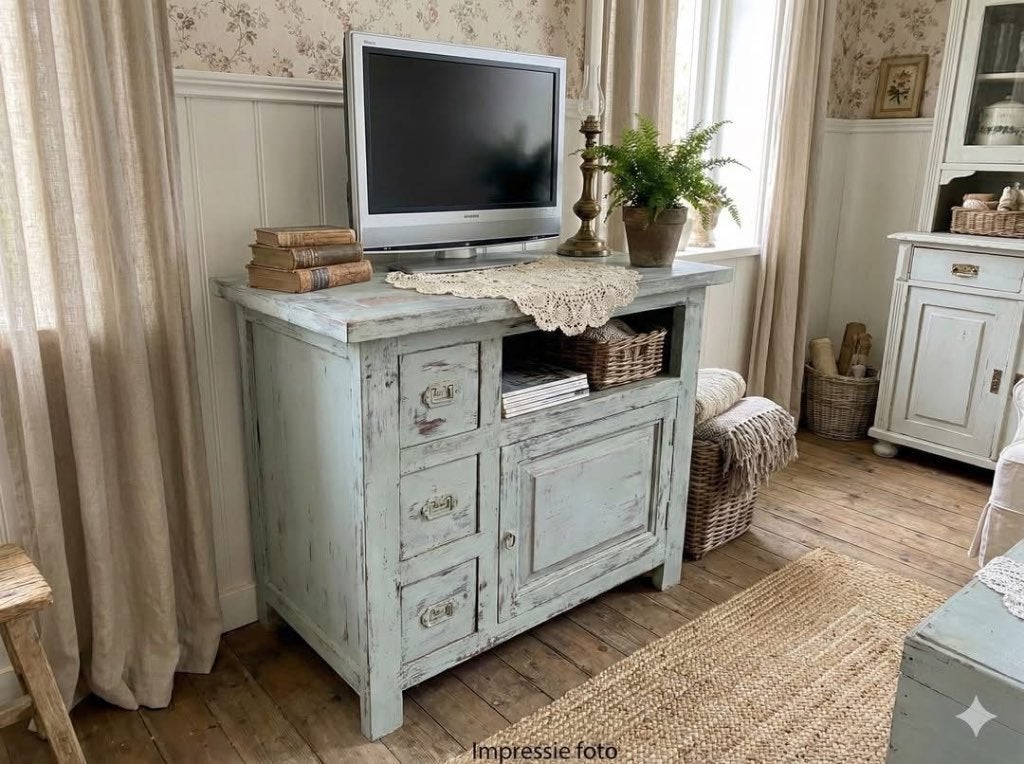 Zeer unieke kast/ladenkast/TV Meubel etc. kleur oud blauw, Gebruikt, 50 tot 100 cm, 3 of 4 laden, Minder dan 100 cm