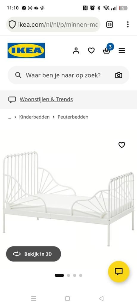 IKEA Minnen meegroeibed wit metaal (80x200 cm), Gebruikt, 70 tot 85 cm, 180 cm of meer, Ophalen