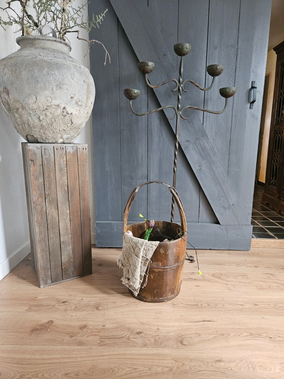 Oude houten emmer landelijk sober stoer interieur, Ophalen of Verzenden