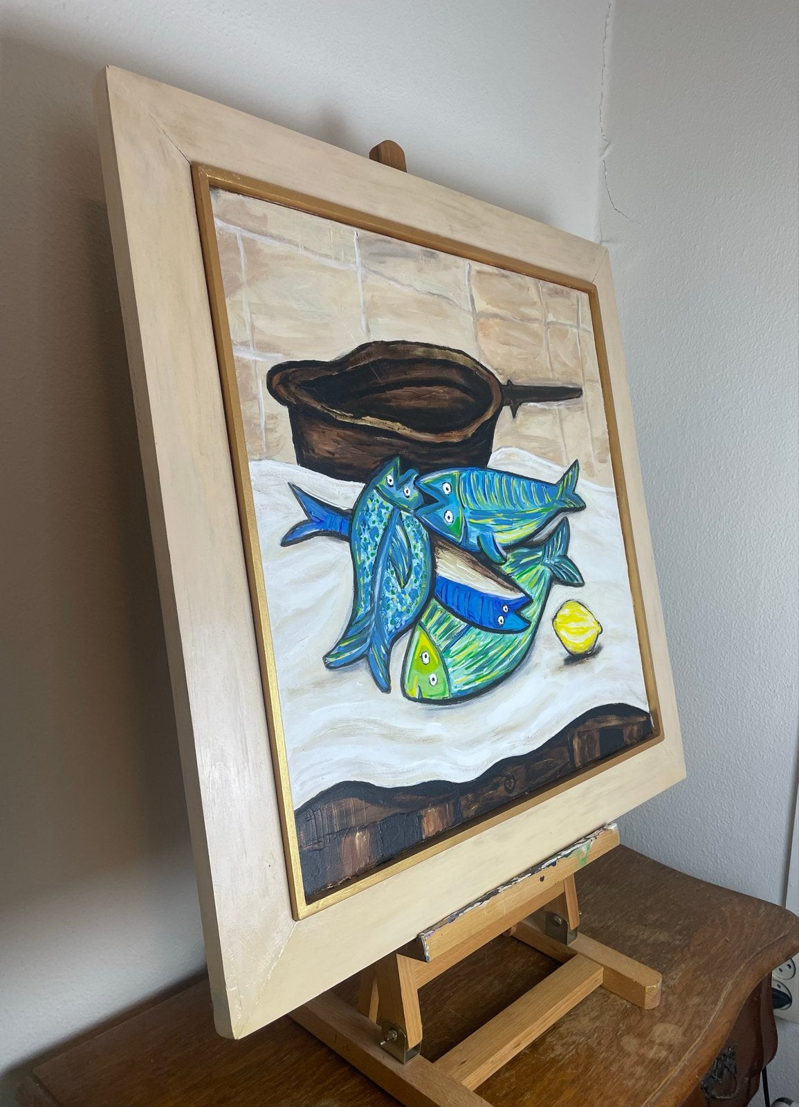 Picasso-achtige stijl Vissen Schilderij, Antiek en Kunst, Ophalen, Doek, Realistisch, Stilleven