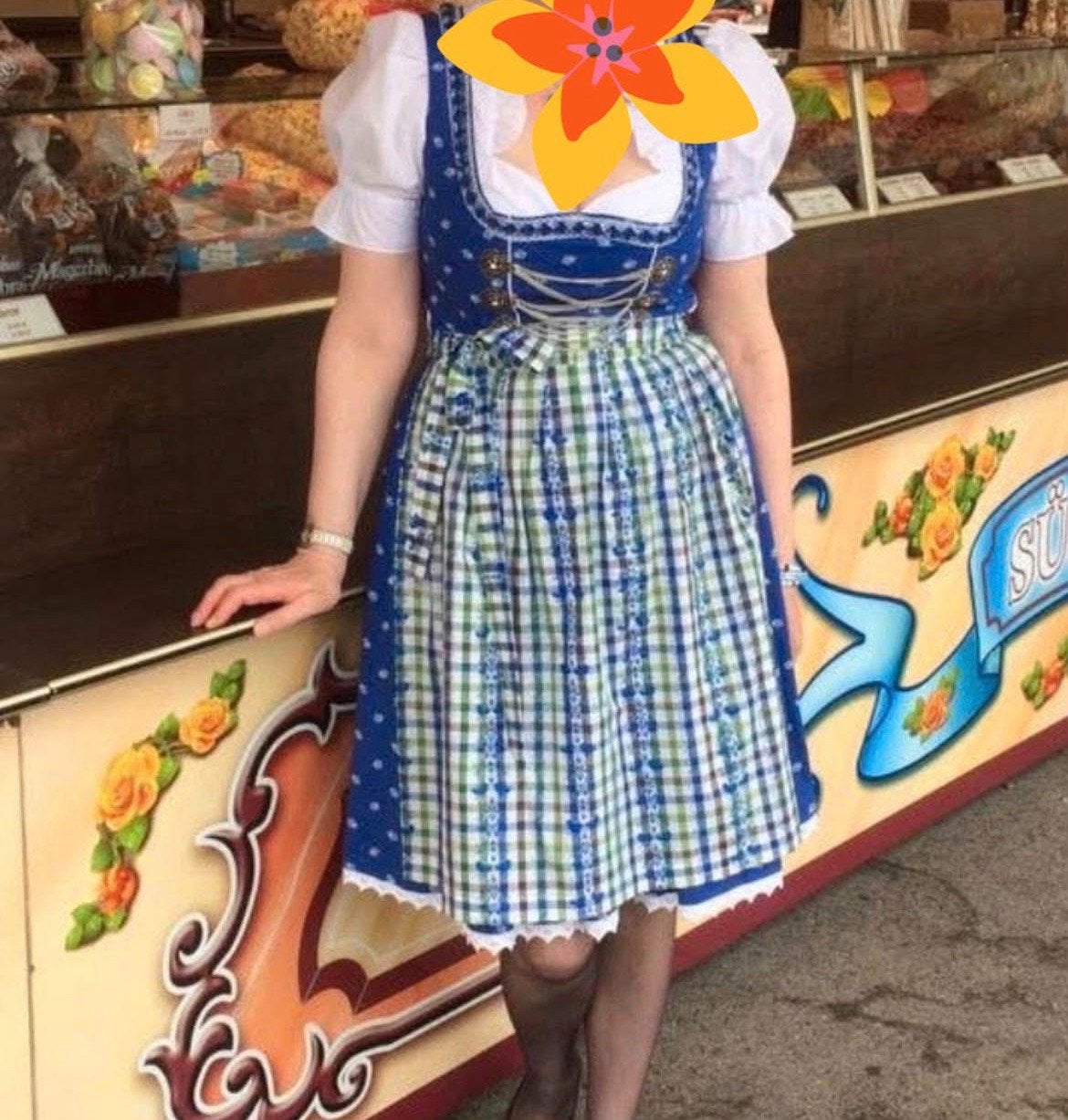 Merk Dirndl van Marjo uit Beieren met blouse - Maat 38, Blauw, Ophalen of Verzenden, Zo goed als nieuw, Knielengte