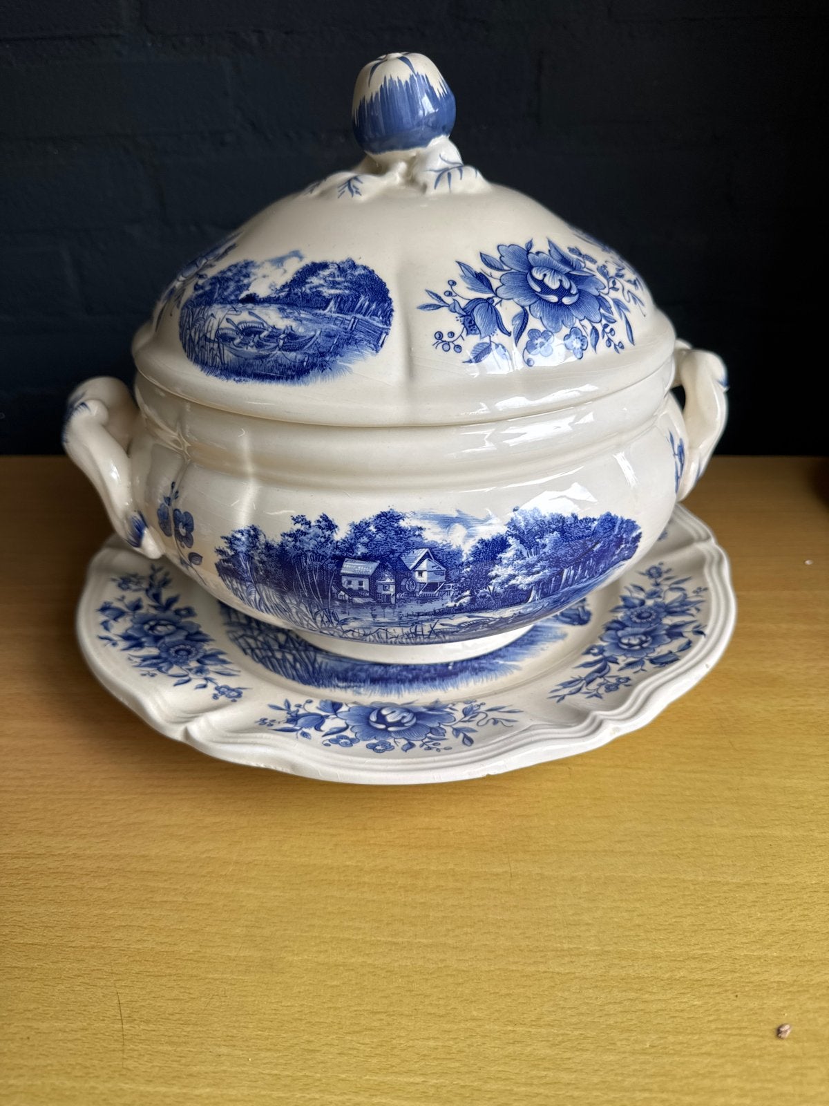 Vintage Sarreguemines Terrine met Schotel - Romantisch Blauw, Ophalen of Verzenden