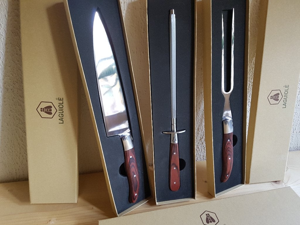 Laguiole vleesset kastanje hout 3-Delig Nieuw in doos., Verzenden, Bestekset, Hout, Nieuw